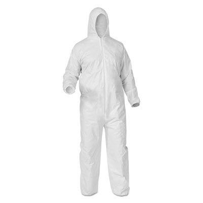 KleenGuardªA35 Liquid and Particle Protection Coveralls, Zipper Front, Hooded, Elastic Wrists and Ankles, X-Large, White, 25/Carton