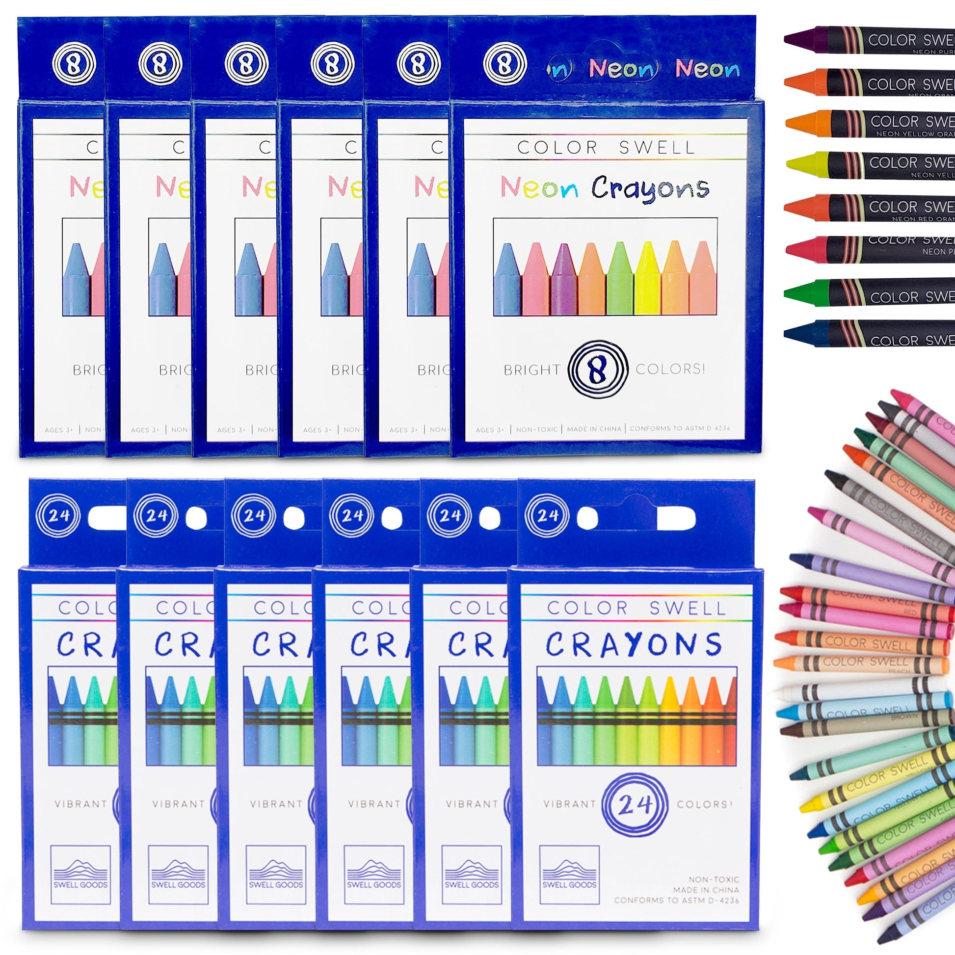 Color Swell Bulk Crayon Packs - 6 Packs Large Neon Crayons and 6 Packs Classic Crayons Color Swell