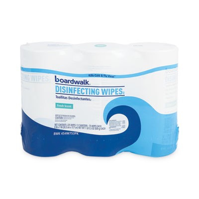 Boardwalk¨Disinfecting Wipes, 7 x 8, Fresh Scent, 75/Canister, 3 Canisters/Pack