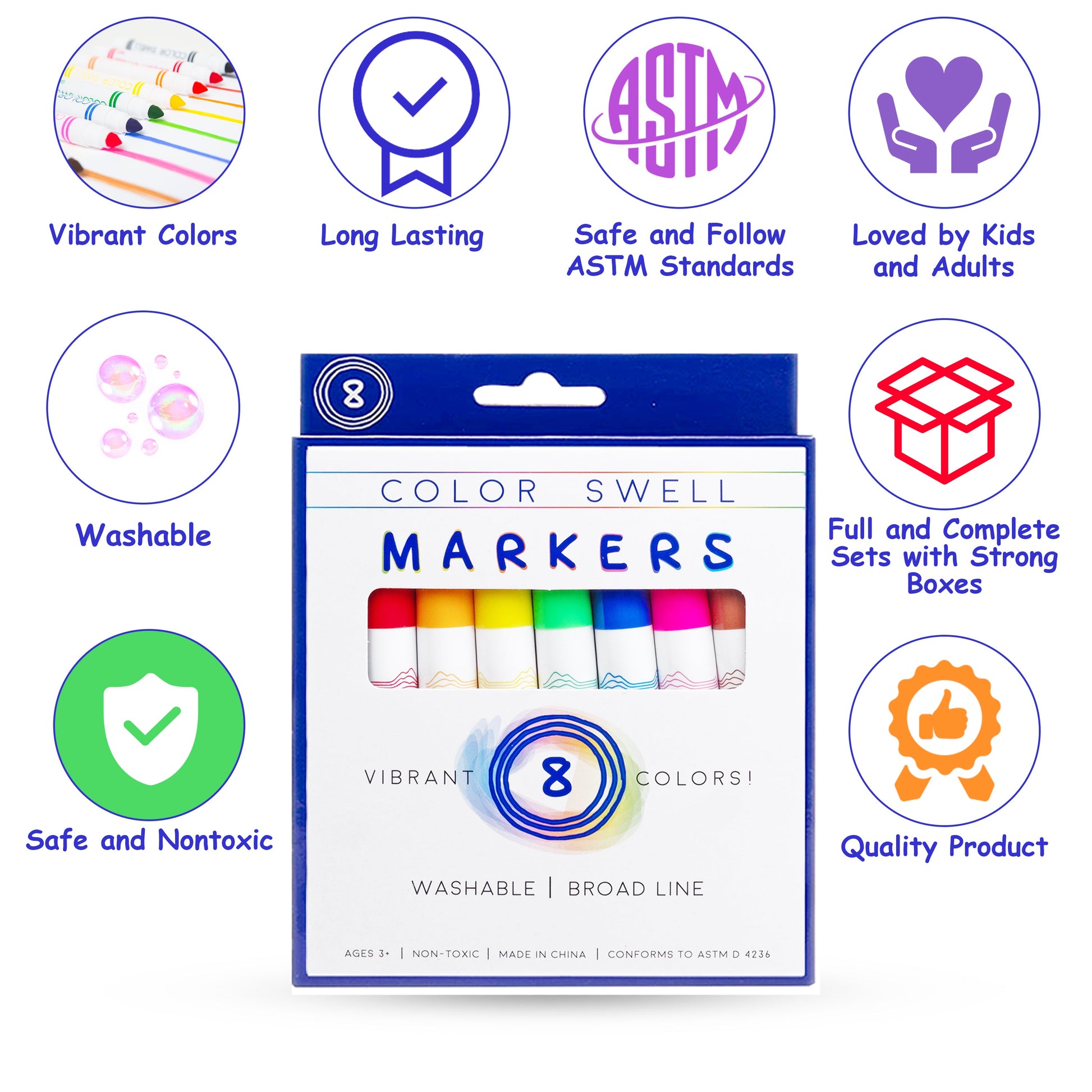 Color Swell Washable Markers with 8 Vibrant Colors Color Swell