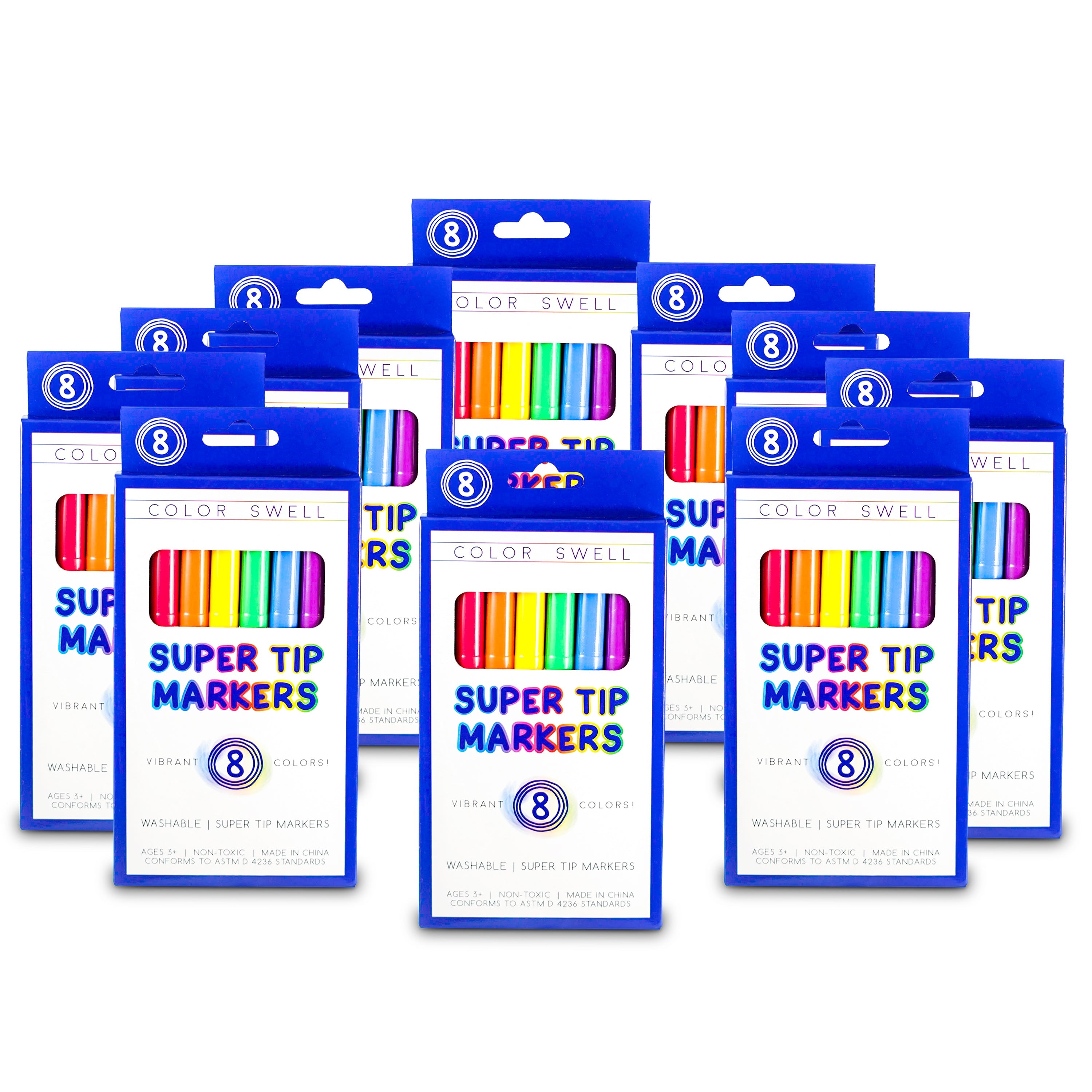 Color Swell Super Tip Washable Markers Bulk Pack 10 Boxes of 8 Vibrant Colors (80 Total) Color Swell